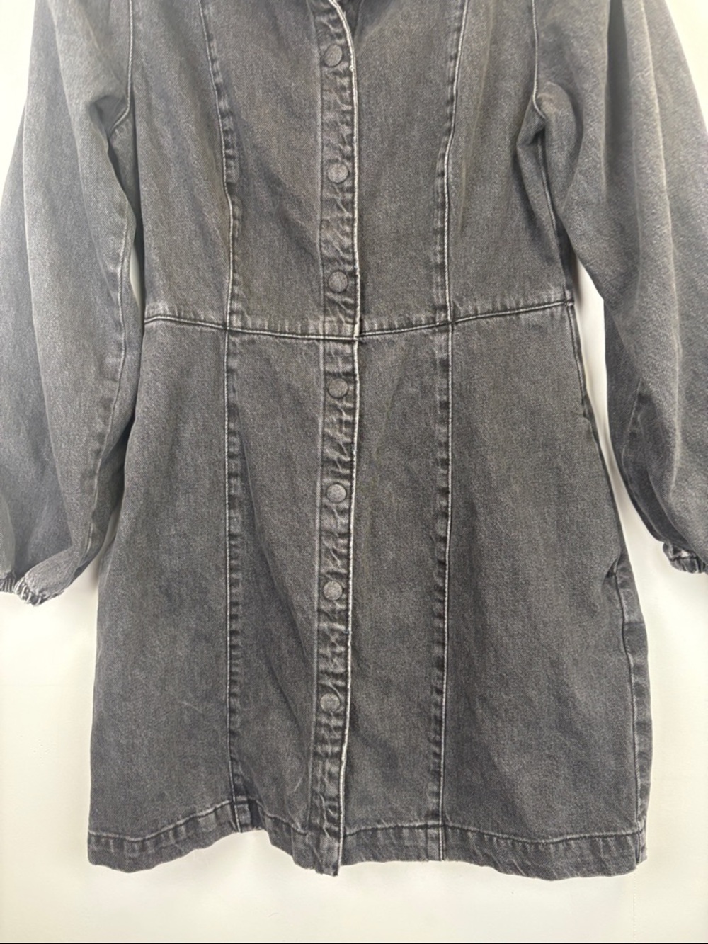 Free People Black Denim Mini Dress Puff Sleeve Snap Front Shirt Dress Sz Medium - Picture 5 of 12